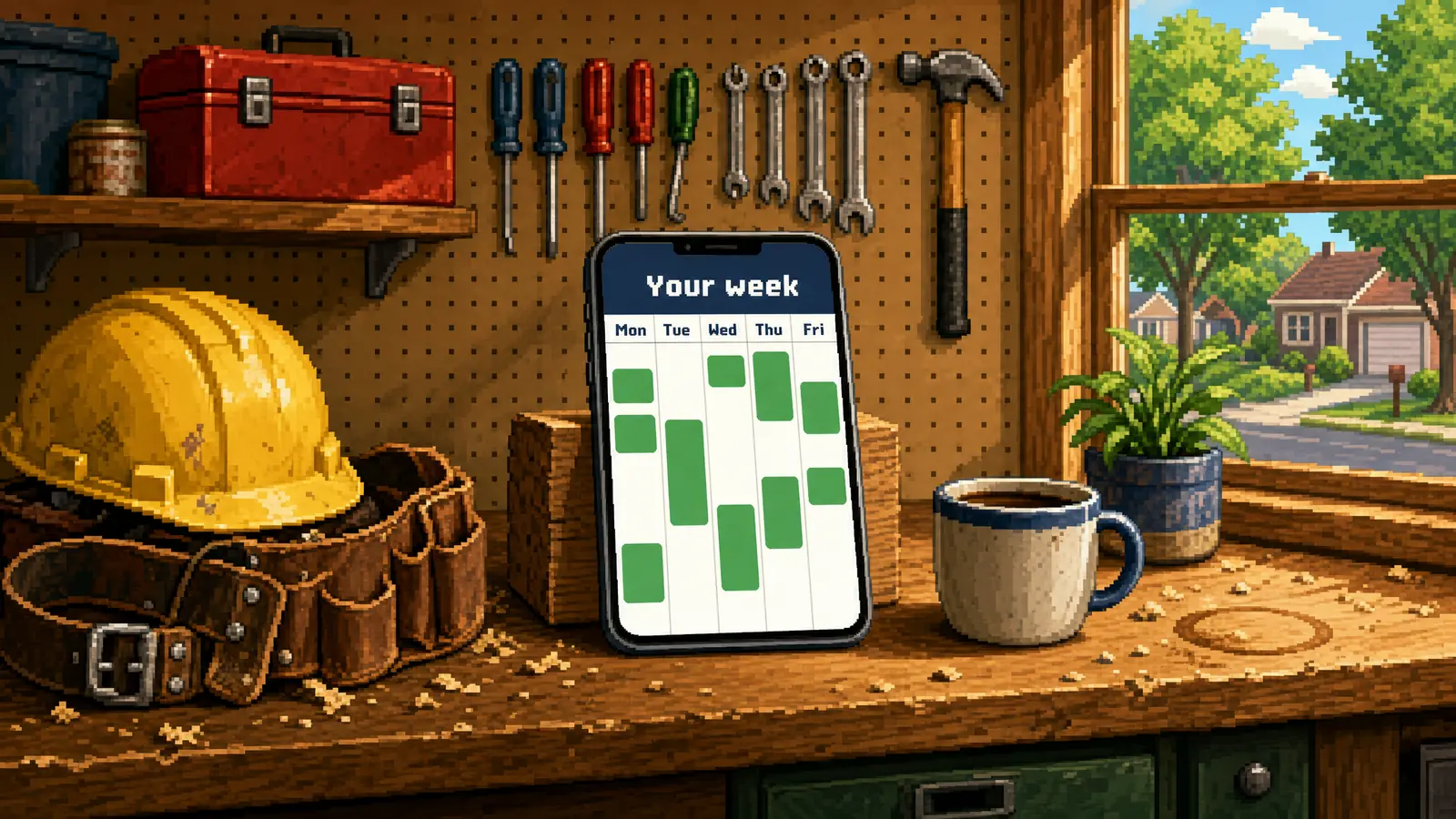 Pixel art: his phone propped on the workbench among the tools, showing his week with appointment blocks filled in from Monday to Friday