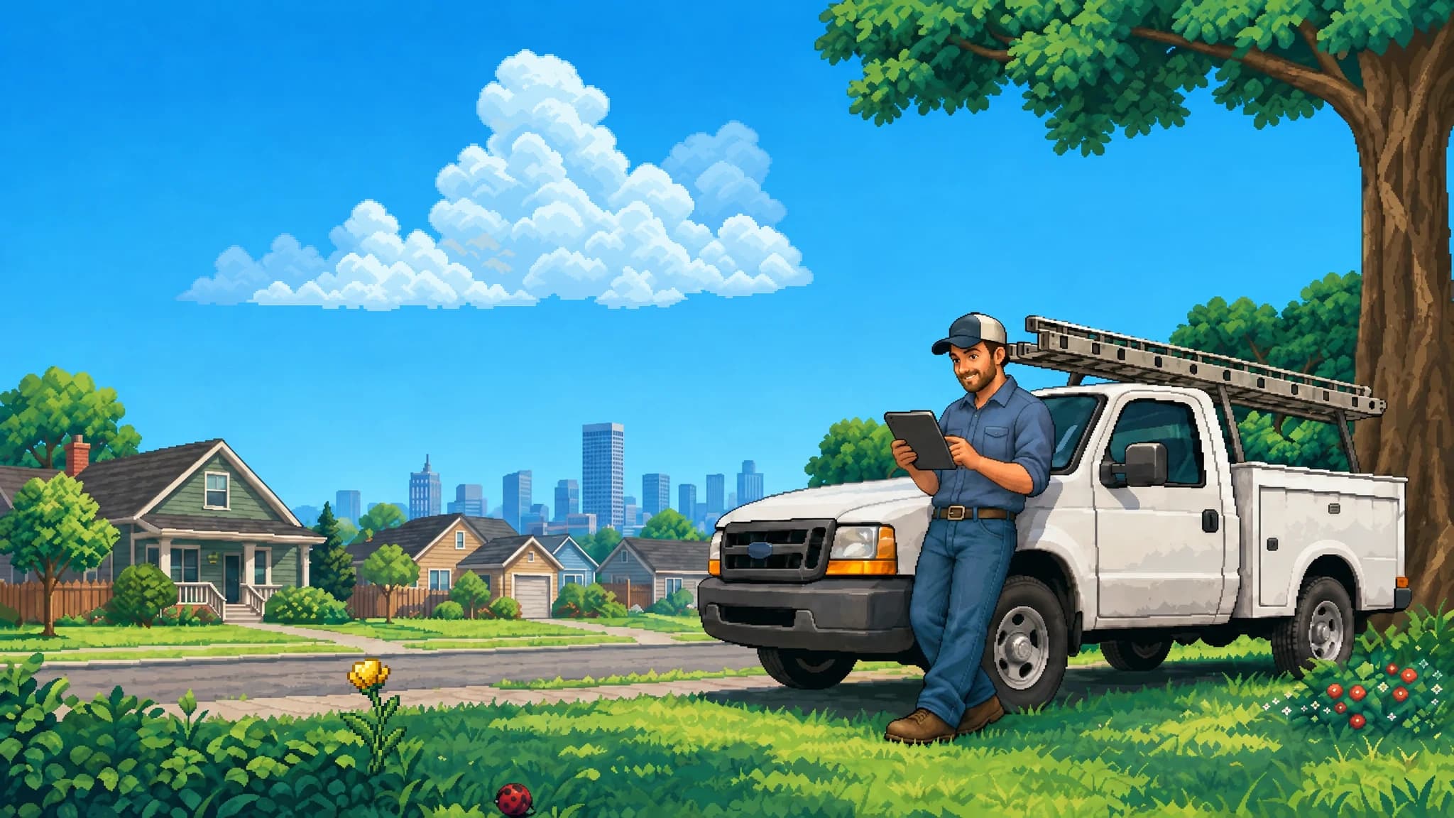 Pixel-art scene: a contractor beside his work truck on a sunny street, checking his finished website on a tablet
